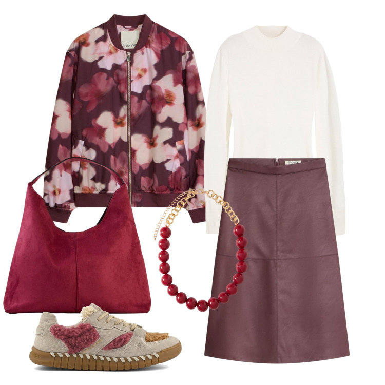 Outfit donna - Ottobre. Stile Glamour per Tutti i giorni. Abbinamento con collane, gonne longuette, sneakers, bomber, maglieria, borse a spalla.