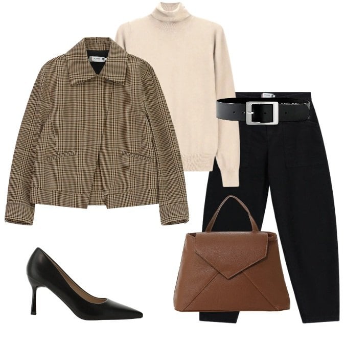 Outfit donna - La Giacca camicia a quadri. Stile Minimal per Ufficio. Abbinamento con borse a mano, décolleté, cappotti, pantaloni, pullovers, cinture.