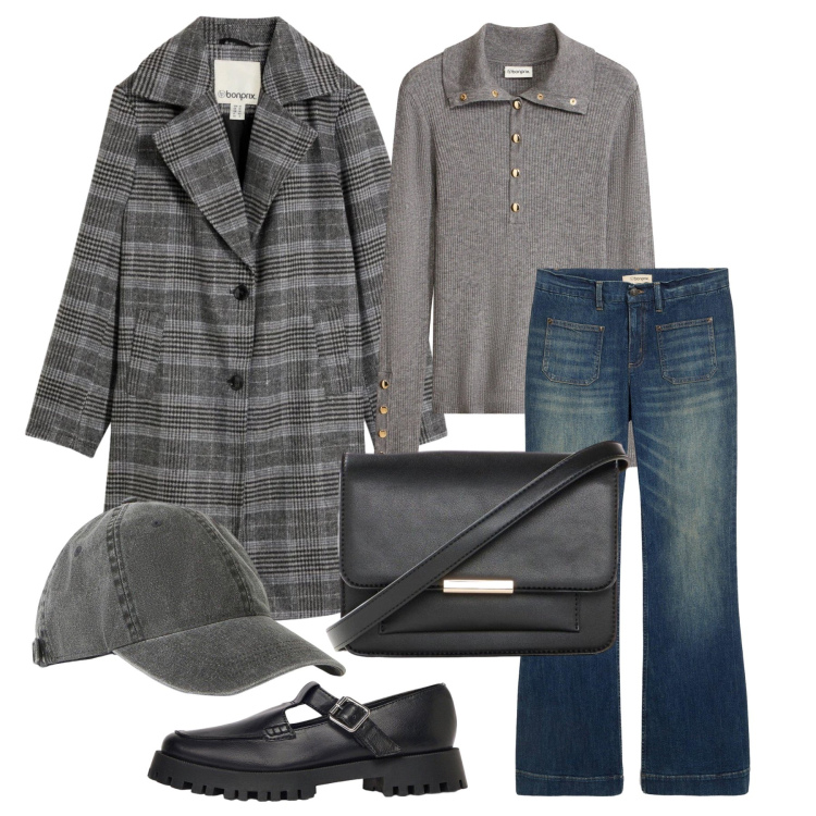 Outfit donna - Ottobre. Stile Casual per Tutti i giorni. Abbinamento con jeans a zampa, mocassini, cappotti, maglieria, borse a tracolla, cappelli con visiera.
