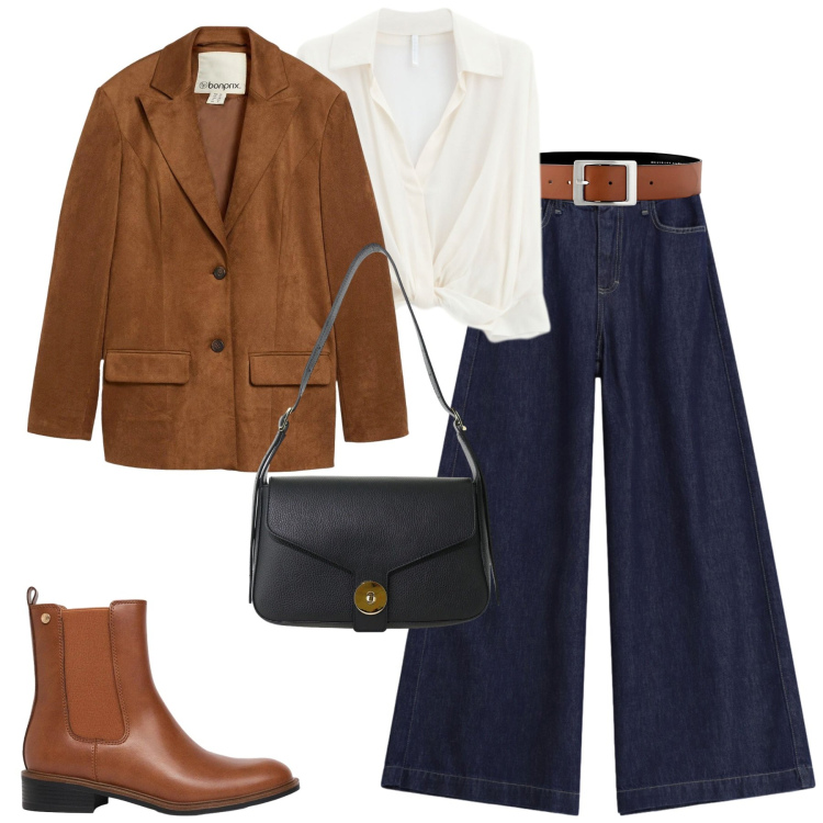 Outfit donna - Ottobre. Stile Casual chic per Tutti i giorni. Abbinamento con borse a spalla, camicie, jeans, blazer, cinture, stivaletti chelsea.