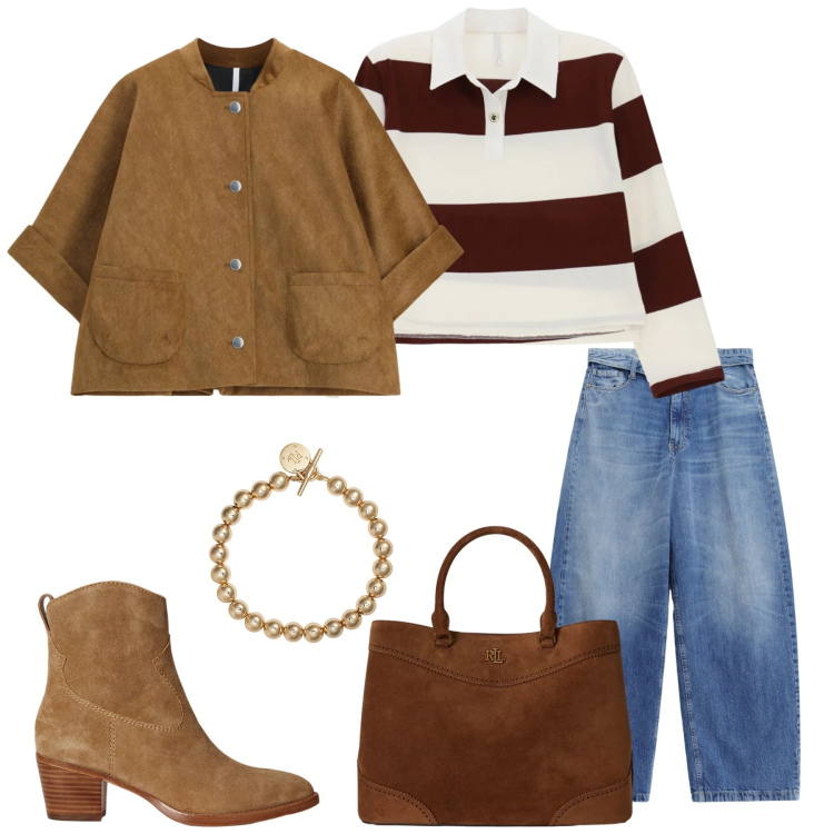 Outfit donna - Total look #2491574. Stile Casual chic per Tutti i giorni. Abbinamento con polo, blazer, braccialetti, stivaletti, borse a mano, jeans.