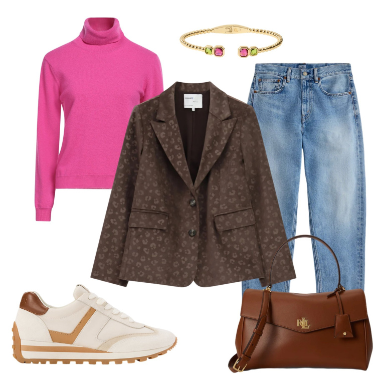 Outfit donna - Total look #2491578. Stile Casual chic per Tutti i giorni. Abbinamento con jeans dritti, sneakers, borse a mano, braccialetti, blazer, maglieria.