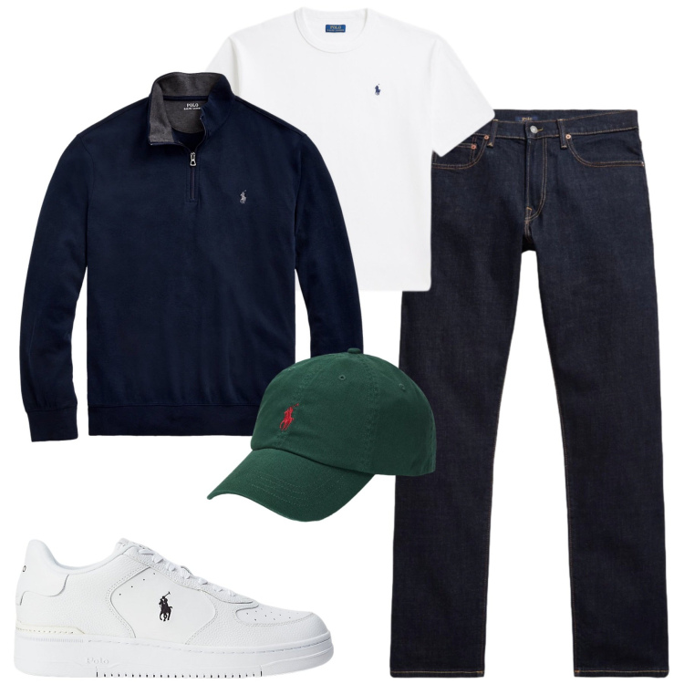 Outfit uomo - Ottobre. Stile Casual per Tutti i giorni. Abbinamento con pullovers, sneakers, jeans, t-shirt, cappelli con visiera.