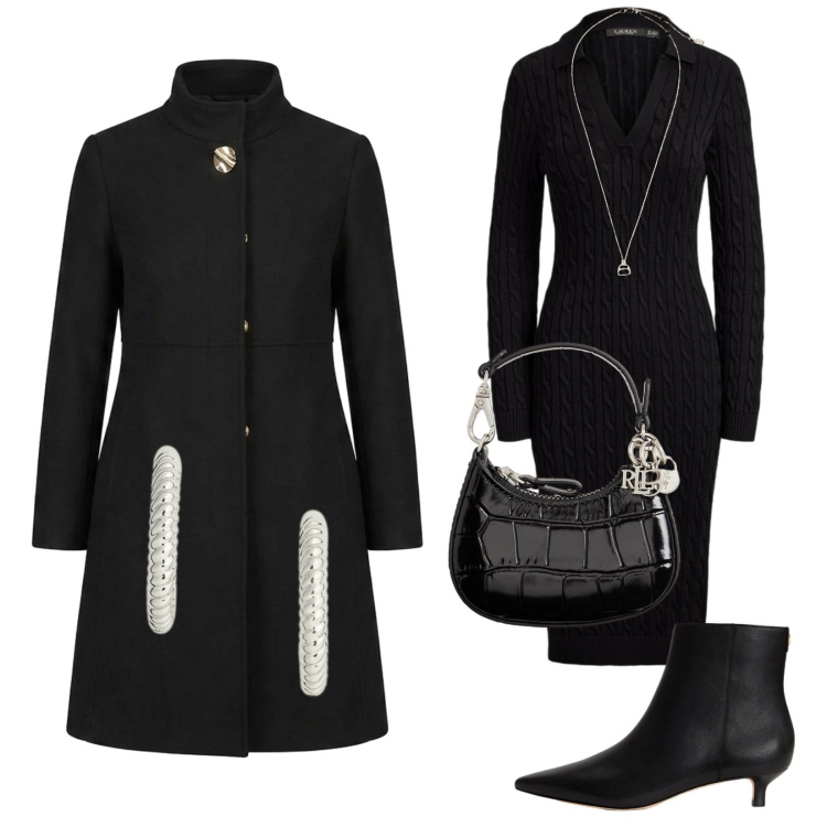 Outfit donna - Woman in black. Stile Vintage retrò per Cerimonia. Abbinamento con vestiti midi/longuette, orecchini, stivaletti, portachiavi, collane, cappotti.