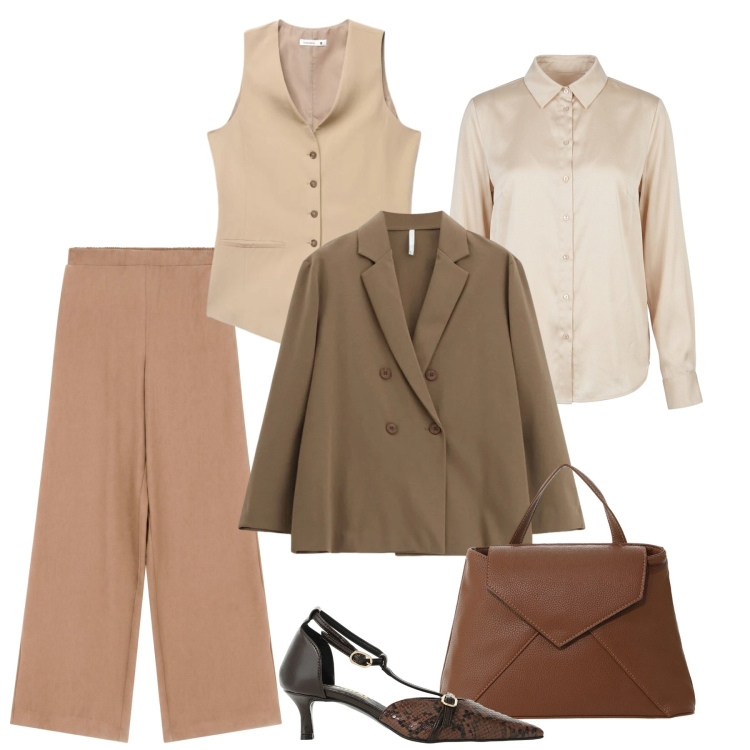 Outfit donna - Smart Layering Strategy. Stile Chic per Tutti i giorni. Abbinamento con borse a mano, pantaloni a palazzo, décolleté, blazer, camicie, gilet.