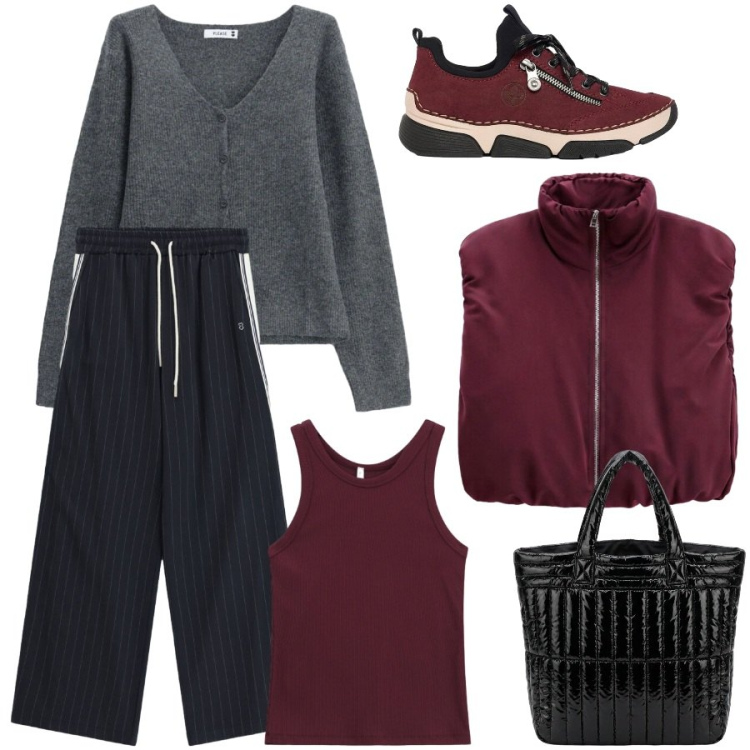 Outfit donna - Autunno è sovrapposizioni sporty chic. Stile Sporty chic per Tutti i giorni. Abbinamento con piumini, canottiere, cardigans, pantaloni a palazzo, borse a mano, sneakers.
