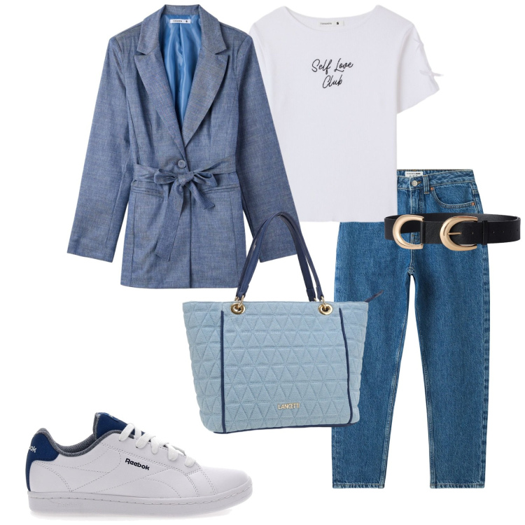 Outfit donna - Comoda in terranova. per Tutti i giorni. Abbinamento con jeans mom, blazer, cinture, t-shirt, borse a spalla, sneakers.