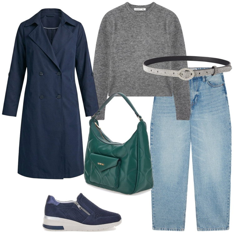 Outfit donna - Terranova Urban. per Tutti i giorni. Abbinamento con trench, jeans, cinture, maglieria, borse a spalla, sneakers.