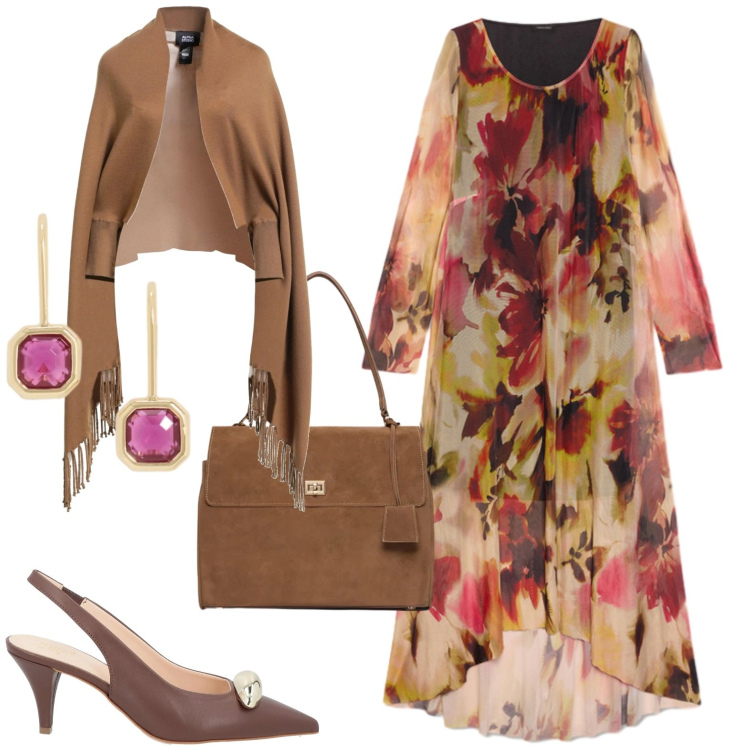 Outfit donna - Chic. Stile Chic per Serata fuori. Abbinamento con borse a mano, vestiti lunghi, orecchini, cappe, décolleté.