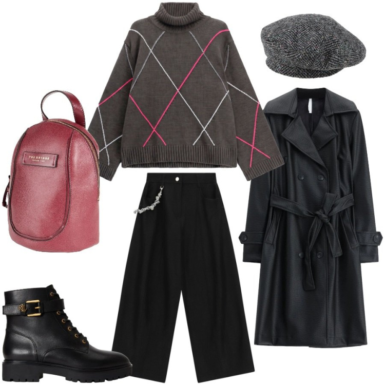 Outfit donna - City. Stile Casual chic per Tutti i giorni. Abbinamento con pantaloni a palazzo, trench, pullovers, anfibi, zaini, cappelli e berretti.