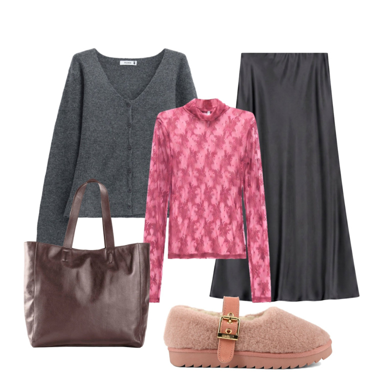 Outfit donna - Eleganza discreta. Stile Casual chic per Ufficio. Abbinamento con gonne lunghe, t-shirt, cardigans, ballerine, shopping bag.
