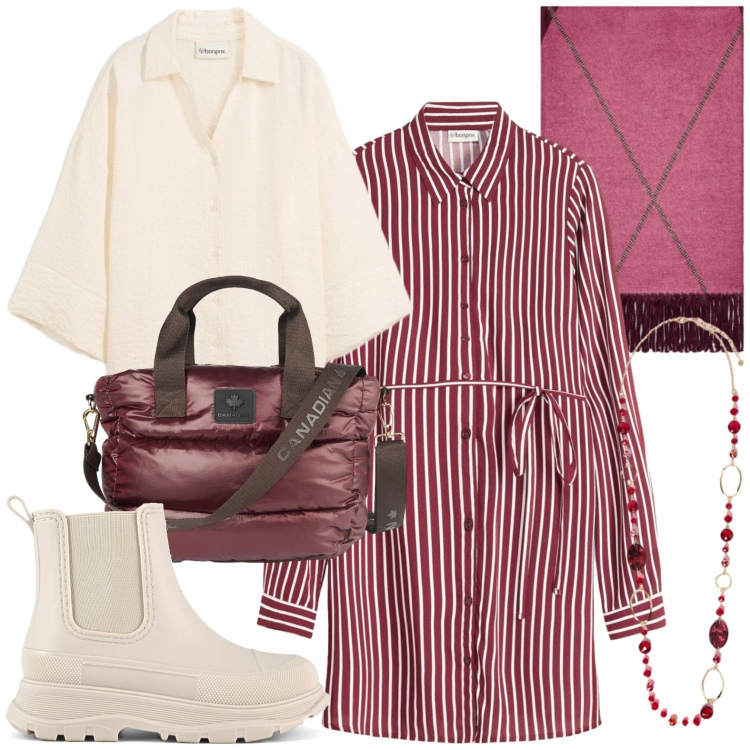 Outfit donna - Premamam. Stile Casual per Tutti i giorni. Abbinamento con collane, sciarpe, borse a tracolla, stivali, camicie, vestiti.