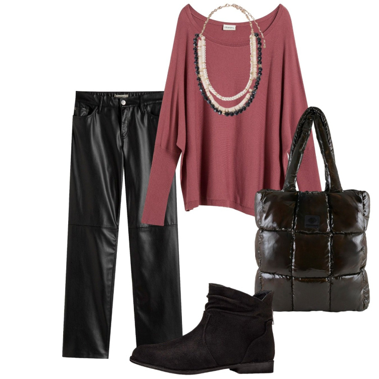 Outfit donna - Ottobre. Stile Chic per Tutti i giorni. Abbinamento con collane, shopping bag, maglieria, stivaletti, pantaloni.