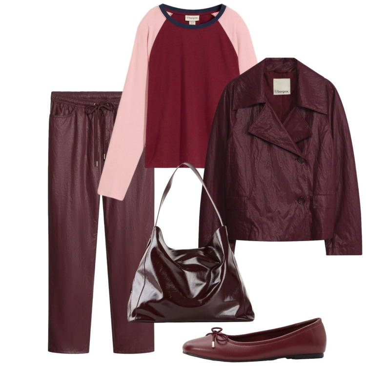 Outfit donna - Wine. Stile Bon Ton per Tutti i giorni. Abbinamento con pantaloni, maglieria, blazer, ballerine, shopping bag.