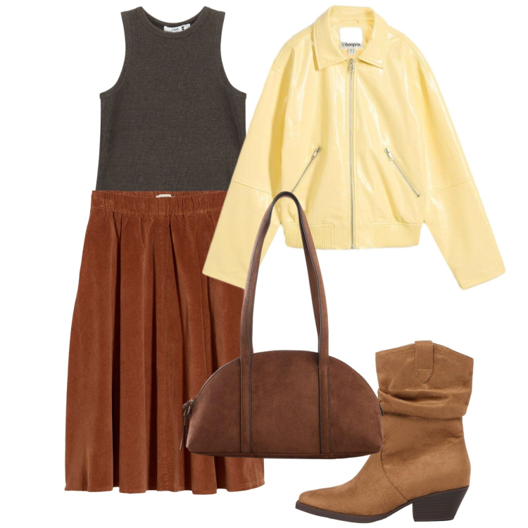 Outfit donna - Ottobre. Stile Bon Ton per Tutti i giorni. Abbinamento con canottiere, gonne, cappotti, stivaletti texani, borse a tracolla.
