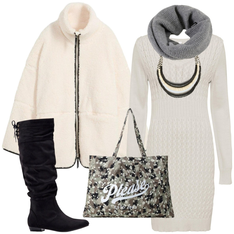 Outfit donna - Bianco. Stile Casual chic per Tutti i giorni. Abbinamento con collane, shopping bag, scaldacollo, vestiti, blazer, stivali.