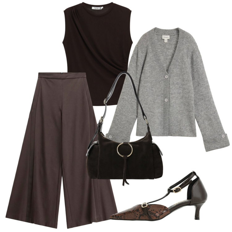 Outfit donna - Un cardigan sui pantapalazzo. Stile Bon Ton per Ufficio. Abbinamento con pantaloni a palazzo, borse a spalla, décolleté, top, cardigans.