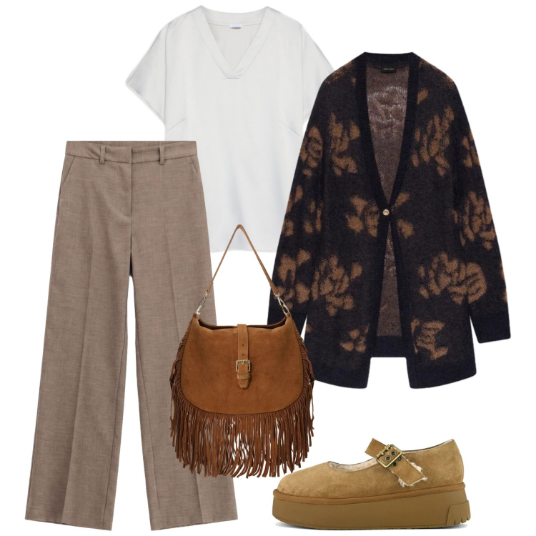 Outfit donna - Ottobre. Stile Bon Ton per Tutti i giorni. Abbinamento con pantaloni, borse a spalla, cardigans, t-shirt, décolleté.