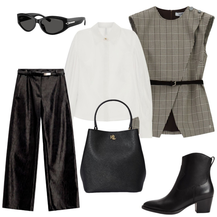Outfit donna - Stile minimal da giorno. Stile Chic per Tutti i giorni. Abbinamento con camicie, pantaloni, borse a secchiello, stivaletti chelsea, occhiali da sole, gilet.