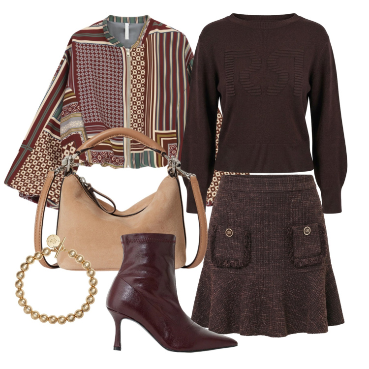 Outfit donna - Ottobre. Stile Trendy per Tutti i giorni. Abbinamento con bomber, stivaletti, braccialetti, borse a spalla, minigonne, maglieria.