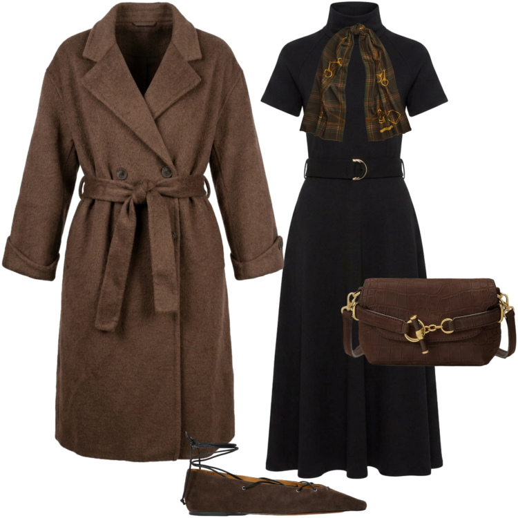 Outfit donna - La capsule wardrobe. Stile Urban per Ufficio. Abbinamento con vestiti midi/longuette, borse a spalla, sciarpe, ballerine, cappotti.