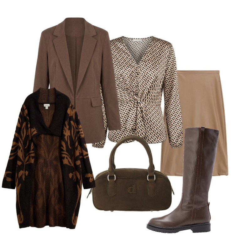 Outfit donna - Dalla mattina alla sera. Stile Chic per Tutti i giorni. Abbinamento con borse a mano, gonne longuette, blazer, bluse, stivali, cardigans.