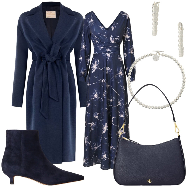 Outfit donna - Serata blu. Stile Glamour per Serata fuori. Abbinamento con collane, orecchini, borse a spalla, stivaletti, cappotti, vestiti lunghi.