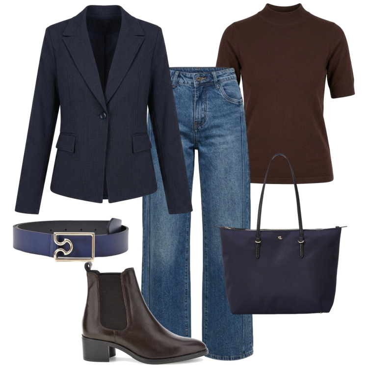 Outfit donna - Un blazer blu svolta i look. Stile Sporty chic per Tutti i giorni. Abbinamento con borse tote, cinture, jeans, blazer, t-shirt, stivaletti chelsea.