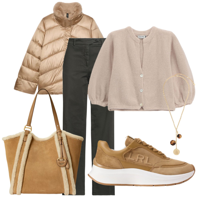 Outfit donna - Total look #2491689. Stile Casual chic per Tutti i giorni. Abbinamento con piumini, collane, sneakers, borse tote, cardigans, jeans dritti.