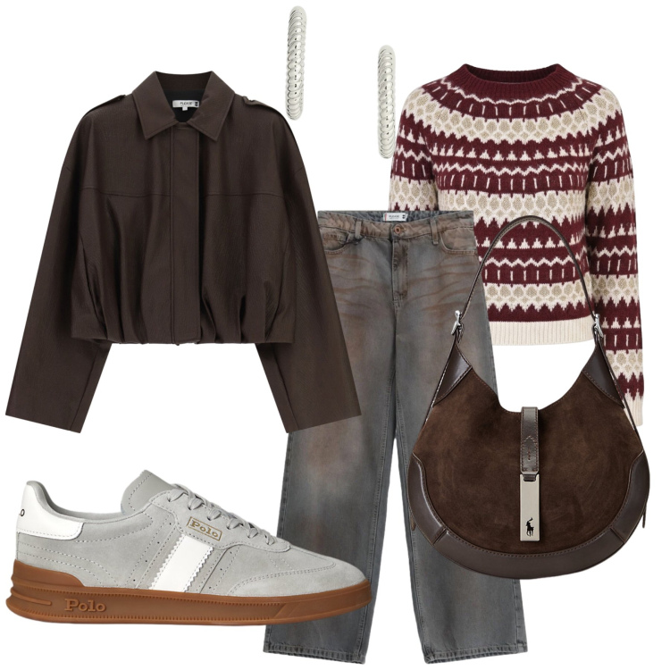 Outfit donna - Total look #2491690. Stile Casual chic per Tutti i giorni. Abbinamento con borse a spalla, sneakers, orecchini, jeans dritti, bomber, maglieria.
