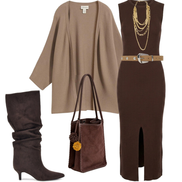 Outfit donna - La capsule wardrobe. Stile Casual chic per Serata fuori. Abbinamento con collane, vestiti midi/longuette, borse a spalla, cinture, cardigans, stivali sopra il ginocchio.