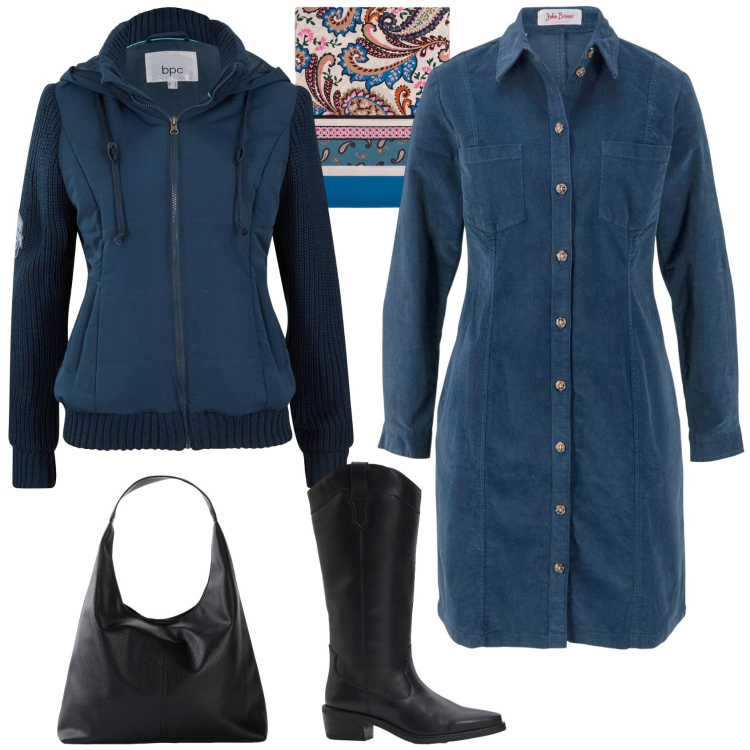 Outfit donna - Casual chic ufficio scuola tempo libero. Stile Casual chic per Ufficio. Abbinamento con foulard, vestiti, blazer, stivali, shopping bag.