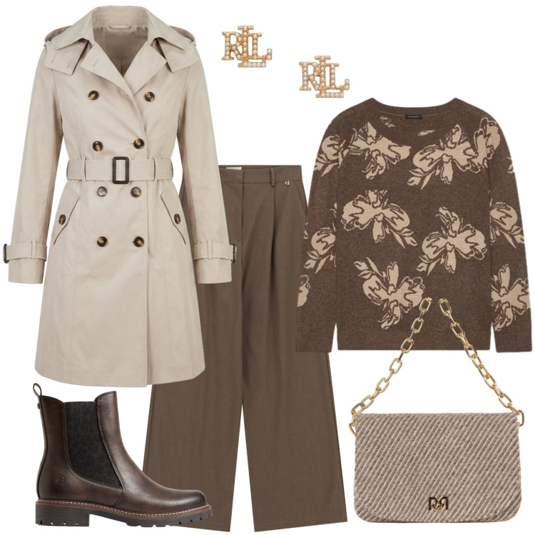 Outfit donna - Mid Season Sale - Palette autunnale. Stile Casual chic per Tutti i giorni. Abbinamento con maglieria, orecchini, borse a spalla, pantaloni a palazzo, trench, stivaletti chelsea.