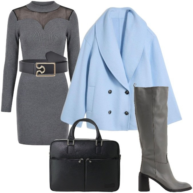 Outfit donna - Impeccabile con un tocco di Pastello. Stile Chic per Ufficio. Abbinamento con borse messenger, cinture, vestiti corti, stivali, caban.