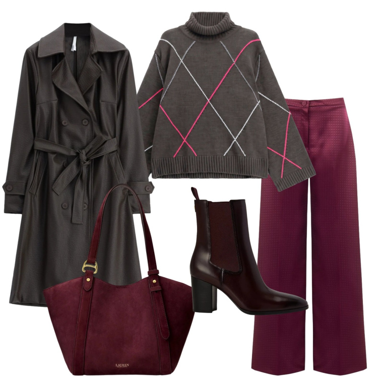 Outfit donna - Mid Season Sale - Ciliegie e cioccolato. Stile Urban per Tutti i giorni. Abbinamento con trench, pullovers, borse tote, stivaletti, pantaloni a palazzo.