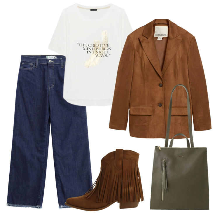 Outfit donna - Scarpa e giacca in pendant. Stile Urban per Tutti i giorni. Abbinamento con stivaletti texani, borse a tracolla, t-shirt, jeans dritti, blazer.