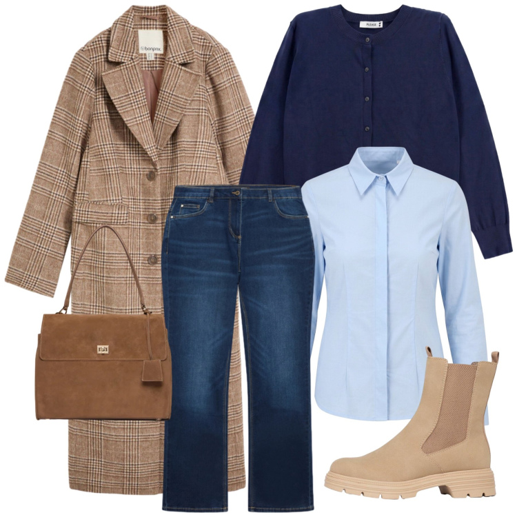 Outfit donna - Total look #2491737. Stile Casual chic per Ufficio. Abbinamento con borse a mano, jeans, cardigans, camicie, stivaletti, cappotti.