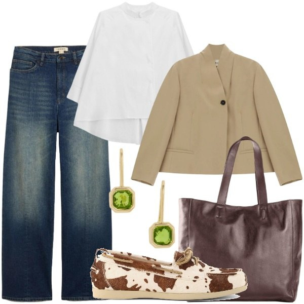 Outfit donna - La Capsule Wardrobe. Stile Urban per Tutti i giorni. Abbinamento con camicie, orecchini, blazer, jeans dritti, shopping bag, mocassini.