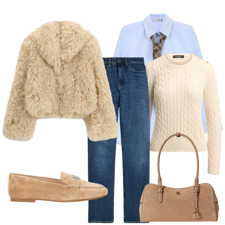 Outfit donna - Total look #2491742. Stile Casual chic per Tutti i giorni. Abbinamento con ecopellicce, camicie, mocassini, jeans dritti, borse a mano, maglieria.