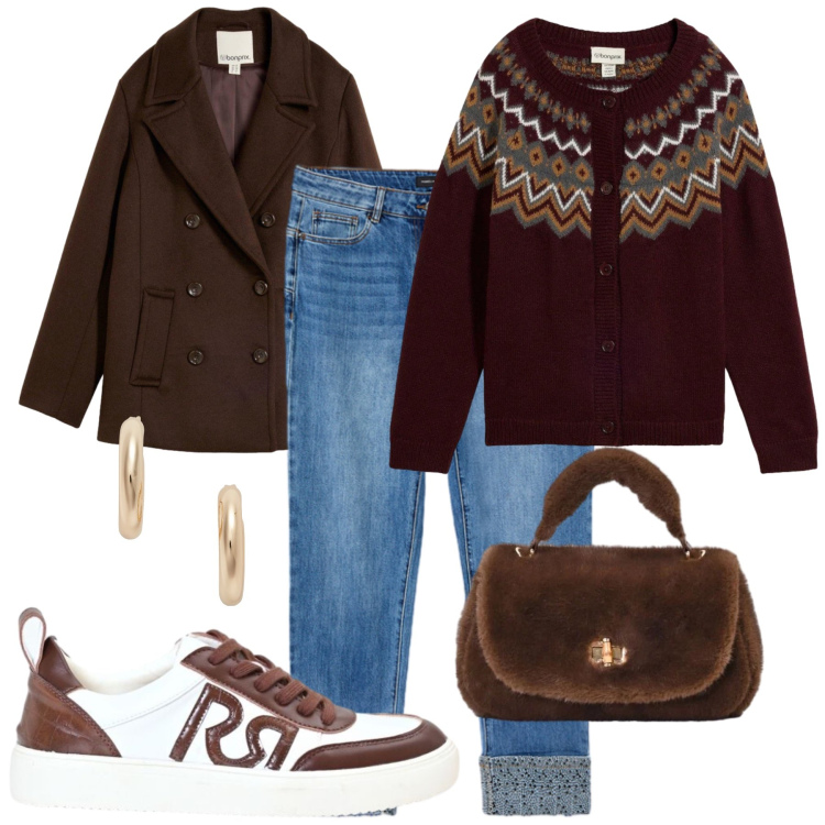 Outfit donna - Total look #2491744. Stile Glamour per Tutti i giorni. Abbinamento con caban, cardigans, jeans skinny, borse a mano, sneakers, orecchini.