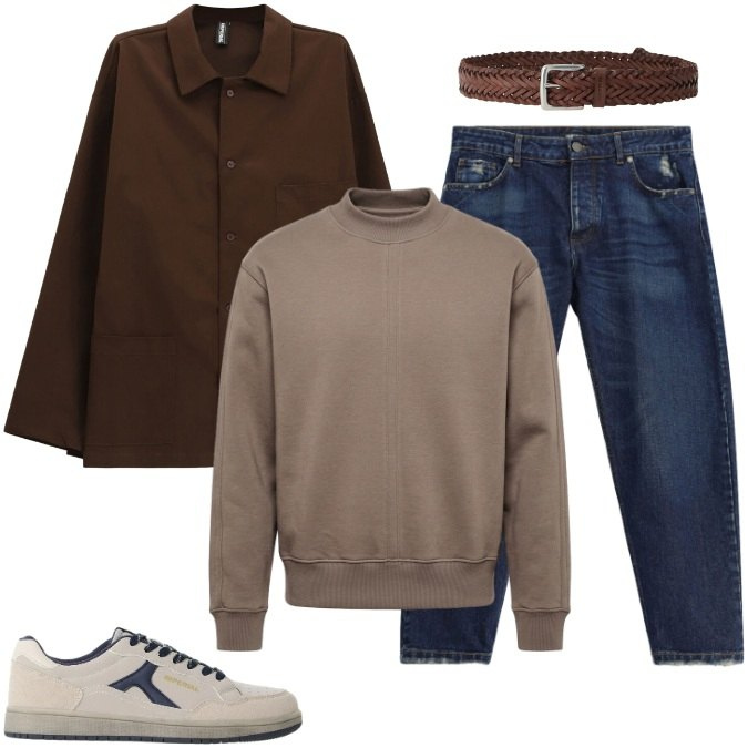 Outfit uomo - Layering Perfetto: Caffè & Denim. Stile Casual per Tutti i giorni. Abbinamento con jeans, felpe, cinture, sneakers, cappotti.