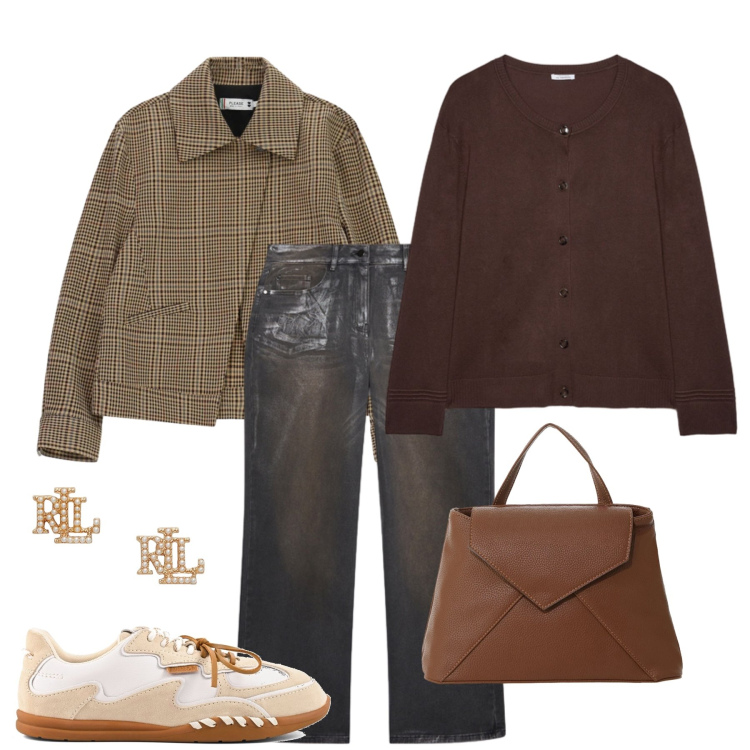 Outfit donna - Total look #2491746. Stile Casual chic per Tutti i giorni. Abbinamento con borse a mano, cappotti, cardigans, jeans dritti, orecchini, sneakers.