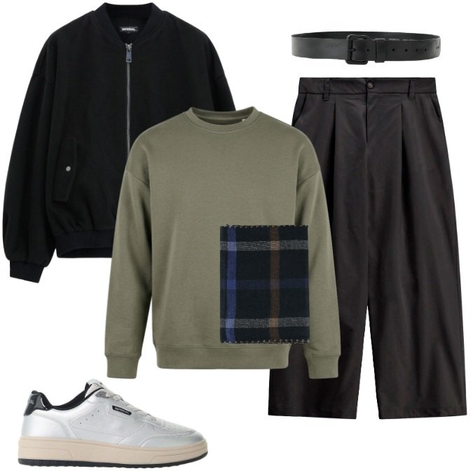 Outfit uomo - Total Black con un punto di colore. Stile Casual per Tutti i giorni. Abbinamento con cinture, sneakers, pantaloni, sciarpe, bomber, felpe.