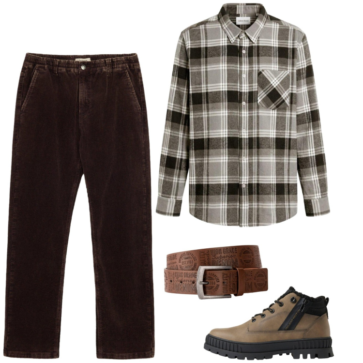 Outfit uomo - A funghi. Stile Casual per Tutti i giorni. Abbinamento con cinture, camicie, stivali e stivaletti, pantaloni.