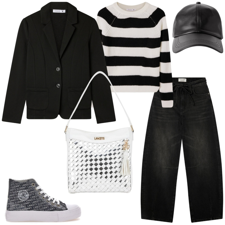 Outfit donna - Terranova school. per Scuola/Università. Abbinamento con cappelli con visiera, jeans, blazer, maglieria, sneakers alte, borse a spalla.