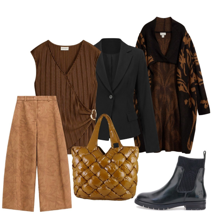 Outfit donna - Il cardigan paspartout. Stile Casual chic per Tutti i giorni. Abbinamento con pantaloni a palazzo, borse tote, blazer, cardigans, stivaletti, canottiere.