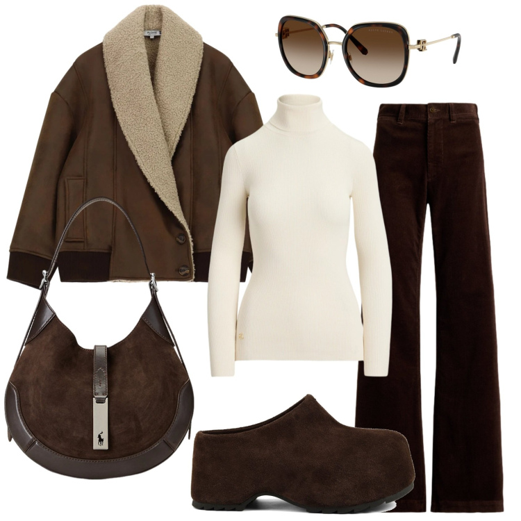 Outfit donna - Total look #2491785. Stile 70s per Tutti i giorni. Abbinamento con borse a spalla, occhiali da sole, pantaloni, pullovers, blazer, zoccoli.