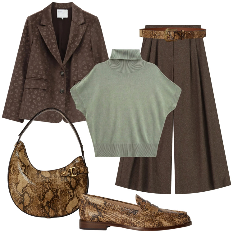 Outfit donna - Total look #2491786. Stile Mannish per Tutti i giorni. Abbinamento con t-shirt, pantaloni a palazzo, borse a spalla, cinture, mocassini, blazer.