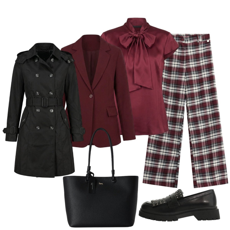 Outfit donna - Dopo l’ufficio cena con le amiche. Stile Glamour per Serata fuori. Abbinamento con shopping bag, mocassini, pantaloni, trench, camicie, blazer.
