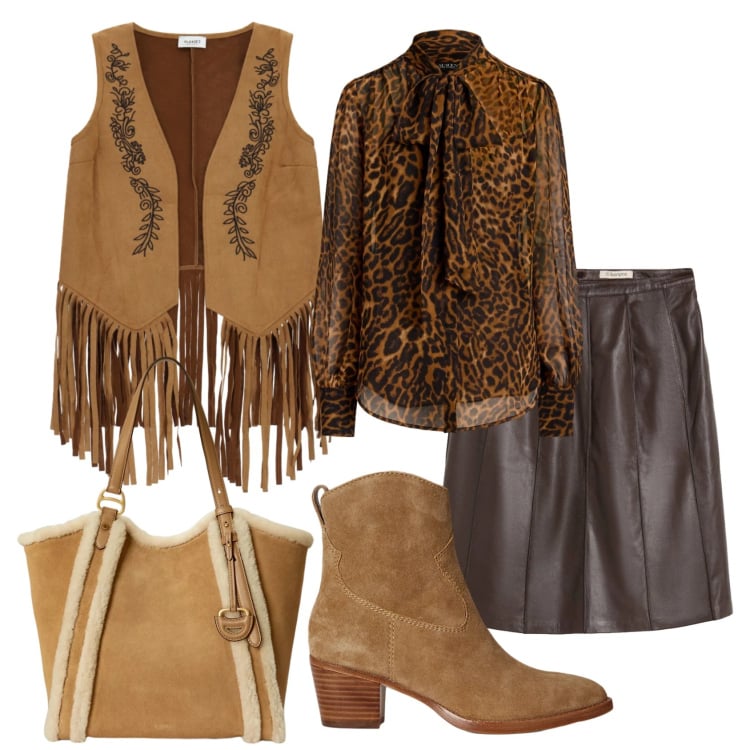 Outfit donna - Total look #2491788. Stile Etnico per Tutti i giorni. Abbinamento con gilet, stivaletti, bluse, borse tote, gonne longuette.